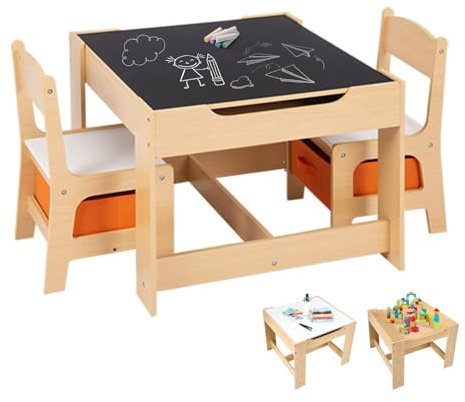 COSTWAY 3 TLG. Kindersitzgruppe, Kindertisch mit 2 Stühlen aus Holz, 3 in 1 Maltisch & Aktivitätstisch & Tafeltisch, Kindermöbel Kindersitzgarnitur für Kleinkinder von 3-7 Jahren (Natur)