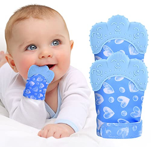 Vicloon Baby Beißhandschuhe,2 Stück Handschuhe Beißring Spielzeug,BPA Frei,Beruhigen Sie wundes Zahnfleisch, Stimulierung Zahnen Handschuhe für 0-6 Monate Baby-Blau Herzform