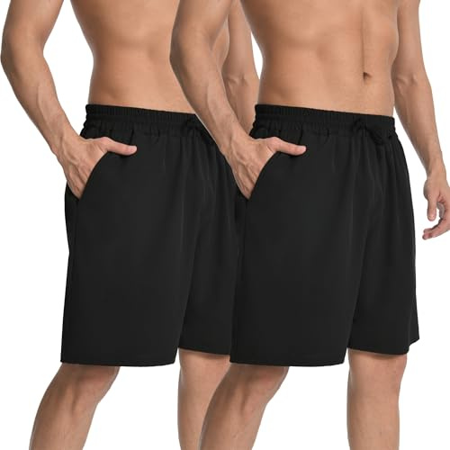 HovSiyla 2 Pack Herren sportliche Sport leicht atmungsaktiv Laufen Gym lässige Shorts mit Kordelzug Reißverschlusstaschen