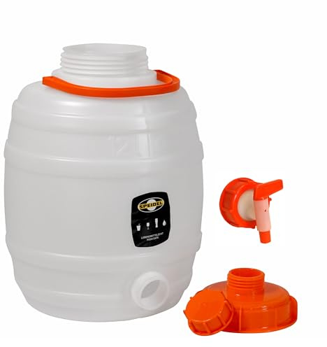 Motorgeräte Fischer Lebensmittelechtes Speidel Getränkefass Mostfass Gärfass 12 Liter Rund mit NW10 Auslaufhahn (Weiß, Kunststoff)