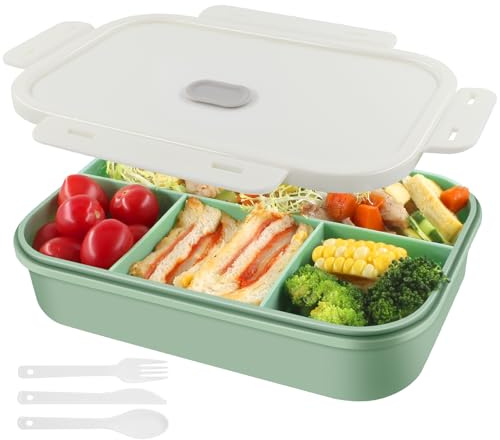 HUAERSICO Brotdose mit 4 Fächern Erwachsene & Kinder, Lunchbox 1400ml Grün | Lunch Box with Compartments for Adults, mit Dichtring, Leak-proof, BPA-frei