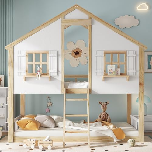 Zravenna Hochbett Hausbett 90x200 mit Schöne Fenster und Dach, Etagenbett für 2 Kinder mit Leiter und Sicherheitsgeländer, Bettrahmen aus Massiver Kiefer (Natur+Weiß-C, 90x200cm)