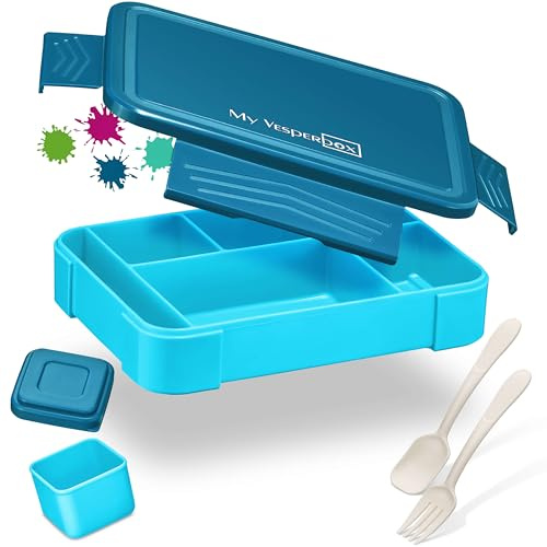 My Vesperbox Lite Brotdose Kinder, leicht, auslaufsicher, 6 Fächer, Blau | Bento Box, Lunchbox Jausenbox für Schule & Kindergarten, nur 290 g, Extra-Box, Gabel & Löffel, BPA-frei, 23x17x4,8 cm