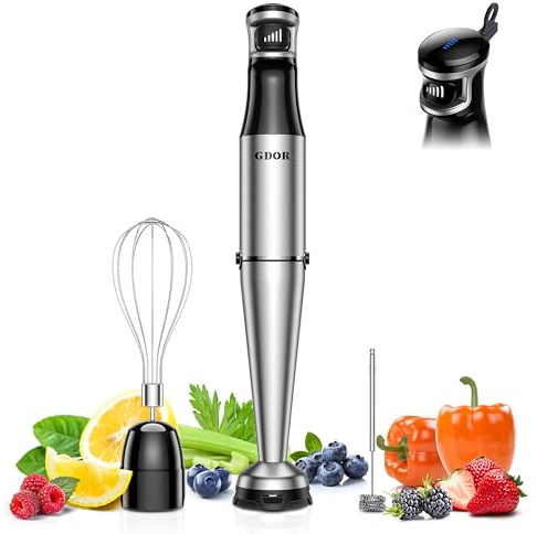 GDOR Stabmixer Elektrischer, 3 in 1 Pürierstab Edelstahl, 1100W Stufenlos Geschwindigkeiten Rührstab, Hand Blender Mit 2 Schneebesen, für Küche, Suppe, Smoothie, Püree