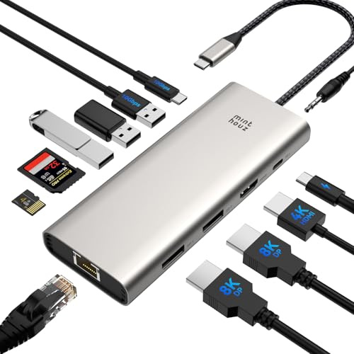 Minthouz USB C Docking Station Triple Monitor für HP Lenovo Dell,12 in 1 Dockingstation,4 * USB,8K@30HZ/4K@144HZ Dual DP+HDMI,100W PD Thunderbolt 3/4,2.5G LAN/SD/TF/3.5mm,für Laptop (Dual DP+HDMI)