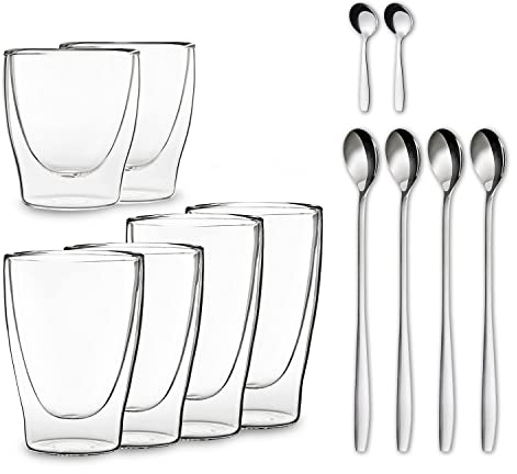 DUOS® Jumbo 6er Set Latte Macchiato Doppelwandige Gläser - 2x 80ml + 2x 310ml + 2x 410ml + 6x Löffel, Kaffeegläser für Cappuccino & Latte Macchiato