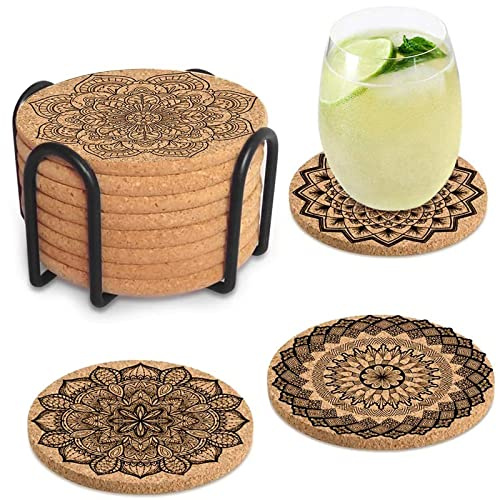Untersetzer Kork, 8 Stück Korkuntersetzer Holz Wiederverwendbare Rund Untersetzer, Wiederverwendbare Saugfähigen Tasse Coaster untersetzer gläser für Zuhause Restaurant Büro und Bar