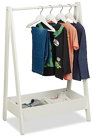 Relaxdays Kleiderständer Kinder, HxBxT 99 x 64,5 x 42,5 cm, Kleiderstange mit Ablage, Kinderzimmer, Standgarderobe, weiß, 1 Stück
