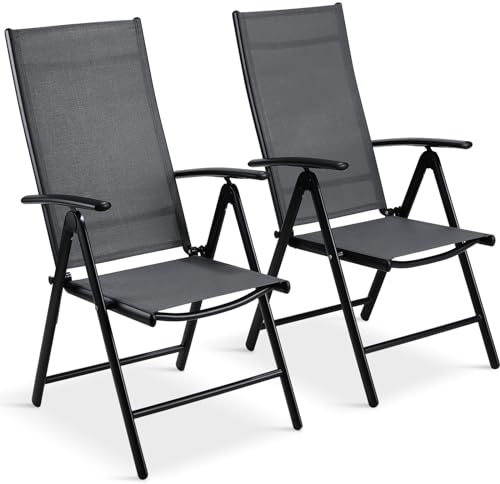 LIFERUN Gartenstühle 2er Set, Gartenstuhl Hochlehner Klappbar, Balkonstuhl | Campingstuhl 7-Fach Verstellbar bis 120kg, Leicht Alu Klappsessel, Gartensessel Outdoor, Komfortabel Wetterfest, Dunkelgrau