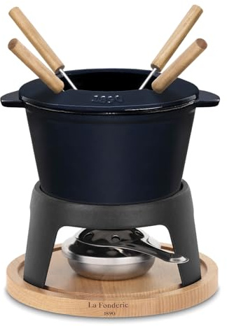 La Fonderie 1890 Fondue-Set aus Gusseisen für 4 Personen Mont d'Arbois, für Käse- und Schokoladenfondues, spritzfester Deckel, 4 Gabeln mit Buchenholzgriffen, Kapazität 1,2 L