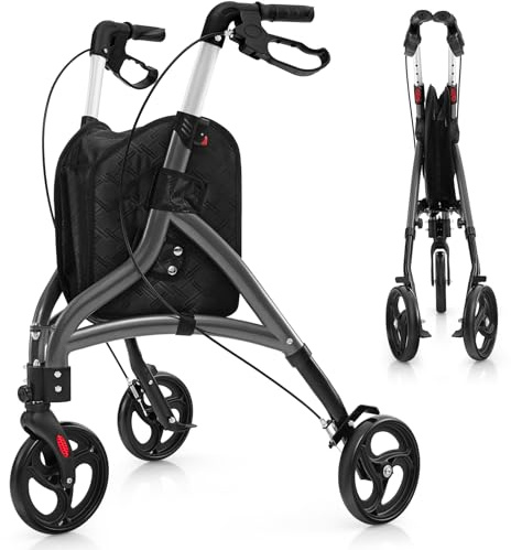 COSTWAY Rollator schmal für Wohnung, Dreirad, faltbar und leicht, Gehhilfe 6-fach höhenverstellbar, Gehwagen mit Tasche & Bremse, Aluminiumrahmen, klappbar für Senioren & Erwachsene (Grau)