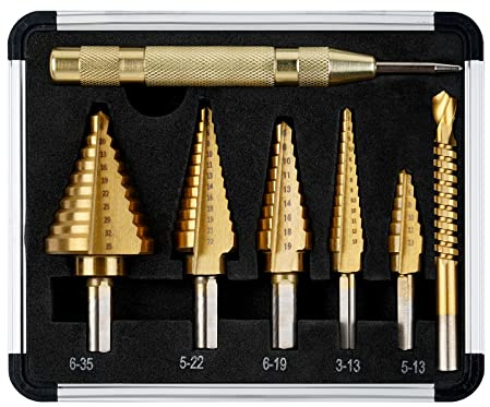 flintronic Stufenbohrer, 5 Stück (5 – 13 mm, 3 – 13 mm, 6 – 19 mm, 5 – 22 mm, 6 – 35 mm), 1 automatischer Zentralbohrer + 1 Spiralbohrer, konischer Schneidbohrer mit Doppelschlitz, Titanbeschichtung,