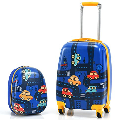 DREAMADE Kinderkoffer Jungen mit Rucksack 18+12, 2 TLG. Kinderkoffer Set, Kindergepäck Trolley, Kindertrolley Jungen & Mädchen, Reisetrolley mit Rollen (Dunkelblau-Auto, 18 Zoll + 12 Zoll)