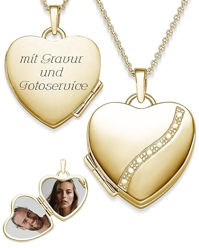 Herz Medaillon zum Öffnen mit Bild Gold vergoldet Damen, Amulett Anhänger | Medallion Aufklappbar, Kette personalisiert, Foto-Service & Gravur