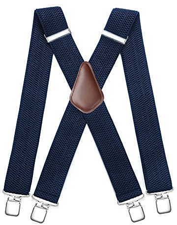 HISDERN Hosenträger für herren mit sehr Starken 4 Metall Clip X-Form Navy Blau Hosenträger breit 5cm Lang Einheitsgröße für Männer und Damen Einstellbar und Elastisch