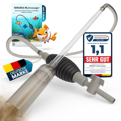 NINORA® Mulmsauger Aquarium – Kiesreiniger, Bodenreiniger & Wasserwechsel mit Pumpe und Schlauchventil I Sicher für Fische, ohne Chemie I Für kleine & große Aquarien I Aquarium Zubehör inkl. E-Book