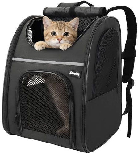 Zavothy Haustier Rucksack für Katzen und Hunde, Tragbar und Faltbar, mit Netzfenster und Gepolsterter Rückenstütze, Atmungsaktiv, Belastbarkeit bis 8kg (Schwarz)