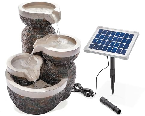 esotec Solar Kaskadenbrunnen Bowl Fountain, Direktbetrieb, Gartenliebhaber Geschenk, freistehender Springbrunnen für außen, Gartenbrunnen Quellstein, Wasserschale Wasserfall, grau H=42cm 101311