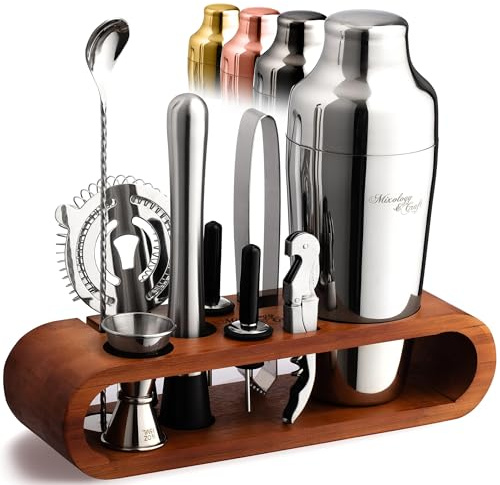 Mixology & Craft Cocktail Set (10-TLG.) - Edles Cocktail Shaker Set mit Shaker aus Edelstahl und Bar Zubehör im Holzständer aus Bambus - Dekoratives Geschenkset - Silber