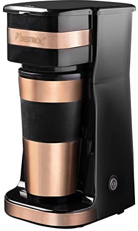 Bestron Kaffeemaschine mit Isolierbecher, Für gemahlenen Filterkaffee, 2 Große Tassen, 750 Watt, Edelstahl, Farbe: Kupfer