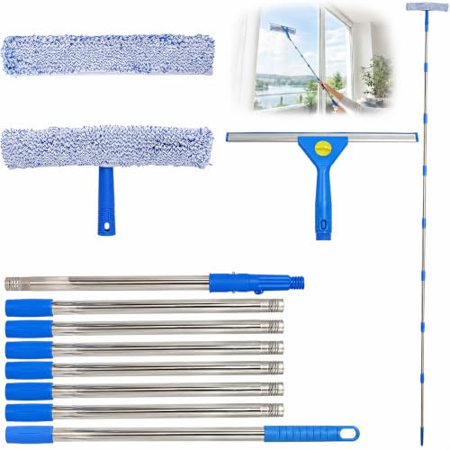 Fensterreiniger Set mit Teleskopstange 300cm–2-in-1 Fensterabzieher | Mikrofaser Wischer, Edelstahl Verlängerungsstange für sichere Reinigung von hohen Fenstern, Wintergarten, Dusche, Glas & Auto