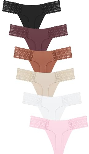 6er Pack Seamless String Tanga Damen Sexy Spitze Unterwäsche Frauen V-Waist | Nahtlose Strings & Tangas für damen,Unsichtbare Unterwäsche,Spitzenbund,Etikettenfreies Design,Geeignet für Sport und Alltag