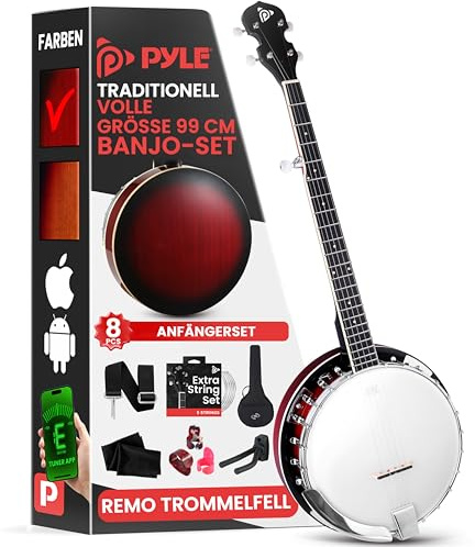 Pyle Banjolele- 5 Saiten, Banjo Kit Instrument, Banjolele Set Inkl. digitalem Stimmgerät, Saiten, Plektren, Gurt, Gig Bag & Werkzeugset, Musikinstrument für Folk, Country & Bluegrass, 99cm