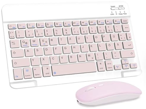 LAMA Kabellose Bluetooth Tastatur & Maus, wiederaufladbare Ultra-dünn Universal Tablet Tastatur, kompatible mit iPad/Tablet/iOS/Android/Windows Laptop/Computer, Deutsches QWERTZ-Layout, Rosa