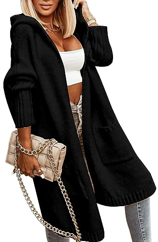Strickjacke Damen Lang Cardigan mit Kapuze Winter Grobstrickjacke | Open Front, Casual, Lose, Strickmantel, Jacke, Elegant, Longstrickjacke, Sweater