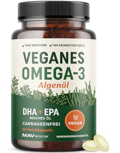 Veganes Omega 3 Algenöl hochdosiert – 60 Mini Softgel Kapseln | 1000 mg mit 300 DHA & 150 EPA pro Tagesdosis | Nachhaltig, ohne Gentechnik (Non-GMO), laborgeprüft | Veganes Omega-3 Nahrungsergänzung
