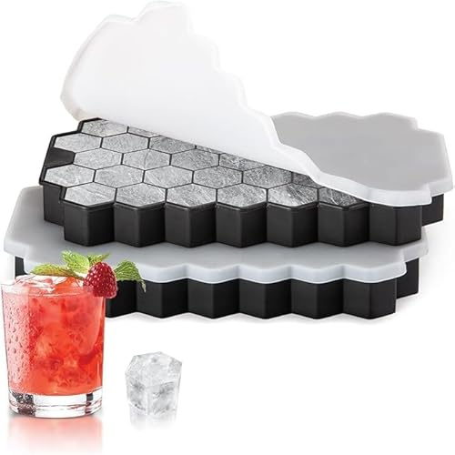 Eiswürfelform Silikon,Eiswürfelformen & Eiswürfelschalen,Eiswürfelbehälter mit Deckel,Eiswürfeln Kugel,Eiskugelform,Silikonform Eiswürfel Form,Ice Cube Tray with Lid (Schwarz) (37 Eckige * 2)