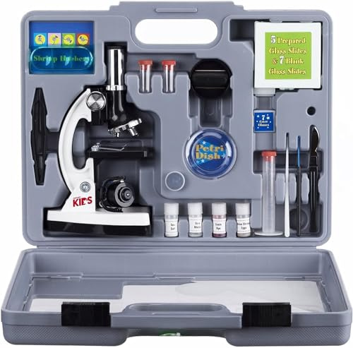 AmScope M30-ABS-KT2-W 52-TLG Kinder-Anfängermikroskop mit LED-Licht und Tragebox, 120X-1200X, 40cm x 37cm x 13cm, Weiß