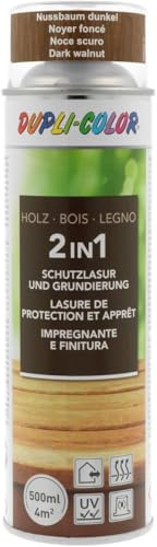 DUPLI-COLOR Holzschutzlasur Spray Nussbaum dunkel 500 ml – 2-in-1 Grundierung und Lasur, Allwetterschutz, UV-Schutz, atmungsaktiv, für Holz innen und außen