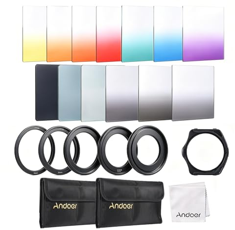Andoer Rechteckiges Farbfilter-Set, 13-teilig, für Cokin P Serie, mit Filter-Halter, Adapterringen (52, 58, 62, 67, 72 mm), Aufbewahrungstasche, Reinigungstuch