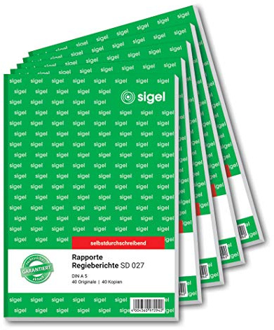 SIGEL SD027/5 Rapport / Regiebericht A5, 2x40 Blatt, selbstdurchschreibend, 5er Pack, mikroperforiert, mit Abheftlochung, aus nachhaltigem Papier