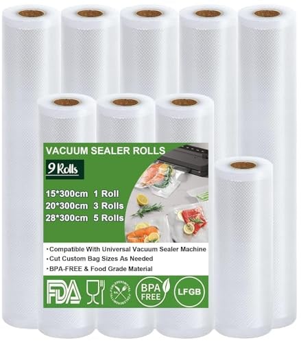 Omtofo Vakuumierfolie 9 Rollen Vakuumierbeutel, Vakuumbeutel Lebensmittel 28/20/15 x 300cm, BPA-frei, Reißfest, 190µm, Vakuumierrollen für Vakuumierer, Mikrowellen and Sous Vide