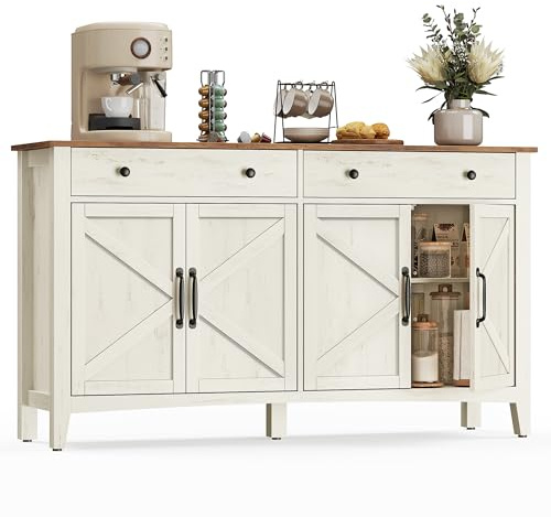 VASAGLE Küchenschrank, Sideboard mit Schubladen, Aufbewahrungsschrank mit Türen, verstellbare Ablage, Landhausstil, für Wohnzimmer Küche Esszimmer, 40 x 140 x 80 cm, vintageweiß-honigbraun BBK381W02