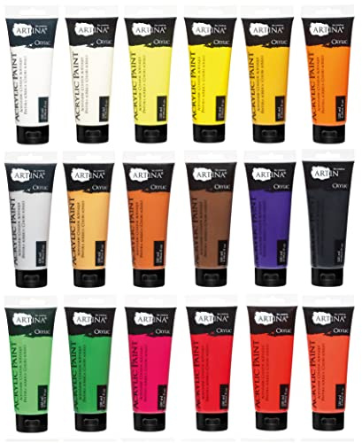 Artina 24er Acrylfarben Set 120ml Crylic – Schnelltrocknende Farbe zum Malen Deckende Malfarbe 24x120ml Acryl Künstlerfarben Set Grundfarben Tuben Wasserfest & Hohe Pigmentierung