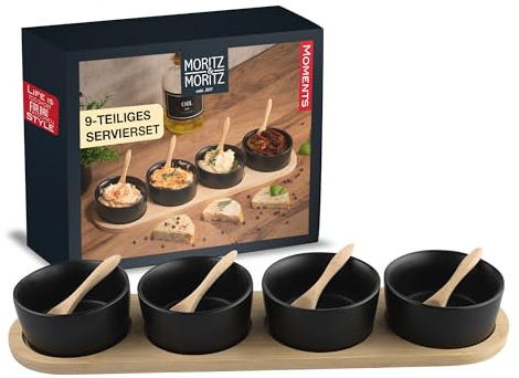 Moritz & Moritz 4x Schwarze Dipschalen Set mit Brett Holz - Dip Schälchen für Snacks - Snack Schalen Set Keramik - Dip Schalen Set - Kleine Schüsseln als Saucenschälchen, Snackschalen, Dessertschalen