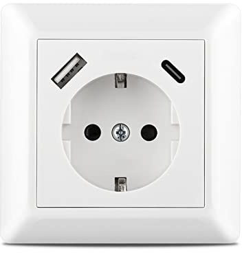 Kaifire USB C Steckdose, Schuko Unterputz Steckdose mit USB Anschluss und Typ C Port max.3.4A System 55 Reinweiß Glänzend Schutzkontakt Wandsteckdose Passent in Standard Unterputzdose für Smartphone