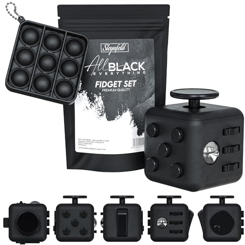Steynfeld® - Fidget Set mit Fidget Cube inkl. gratis Fidget Popper, schwarz, Fidget Würfel, Fidget popit, ADHS Anti-Stress, Stressabbau, Anti Angst & Nervosität, Konzentrationshilfe