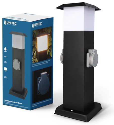 UNITEC Edelstahlsäule Outdoor mit Abdeckung , 2 Steckdosen, Energieverteilung für den Garten, spritzwassergeschützt IP 44, max. 3600W, Edelstahl, schwarz