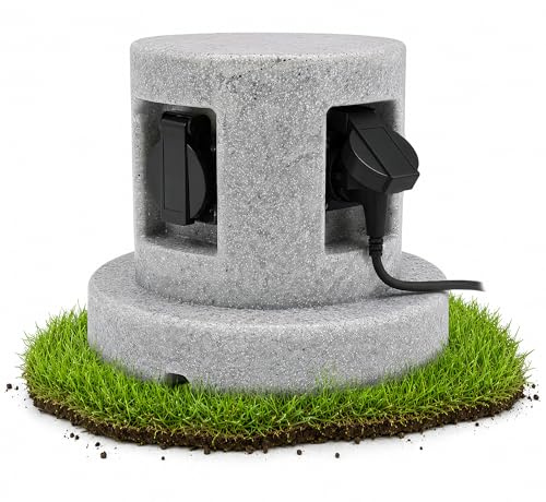 SSC-LUXon BAWI Gartensteckdose 4-fach Steinoptik IP44 Außensteckdose grau | Steckdosenstein in Granitoptik mit 4 Schuko-Dosen - für Garten, Vorgarten & Terrasse, Klappdeckel, wetterfest IP44, Ø215mm