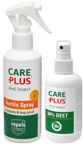 Care Plus DEET Mückenspray 50% + Textile Spray Set - Insektenschutz für Haut und Kleidung - langanhaltender Schutz gegen Insekten - Mückenschutz Kleidung und Haut Set für tropische Reisen und Outdoor
