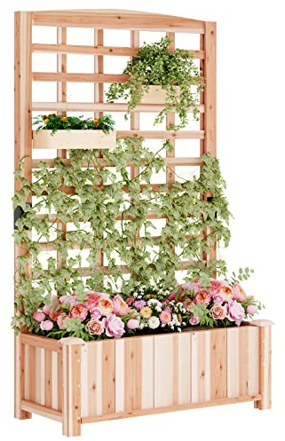 sogesfurniture Hochbeet Pflanzkübel aus Holz, 90x40x151cm, Pflanzkasten Blumenkasten mit Rankgitter für Garten Balkon Terrasse, Gartenspalier für Kletterpflanzen, Blumen, Gemüse