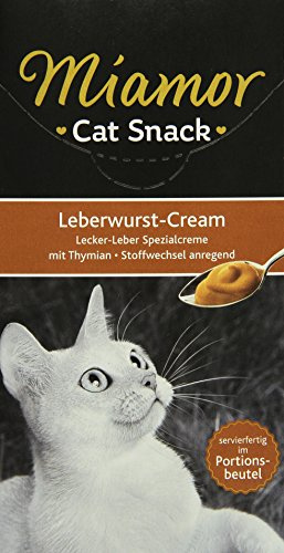 MIAMOR - Cat Snack (Cream) | Snack zum Verwöhnen ausgewachsener Katzen. Ergänzungsfutter im Portionsbeutel ohne Zucker und künstliche Zusätze | 11x6x16g Leberwurst-Cream