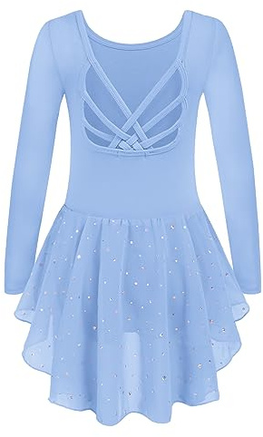 Arshiner Ballettkleidung Mädchen Ballettkleid Langarm Ballett Trikot Ballettrock Kinder Ballettanzug Rückenfrei Tanzkleid mit Tutu Blau 160/9-10 Jahre