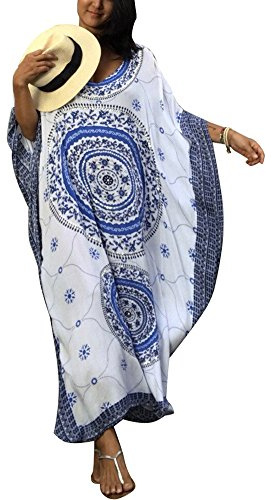 FSMO Damen Elegante Strandponcho Ethnischer Druck Lose Kaftan Smock Sommer Maxikleid