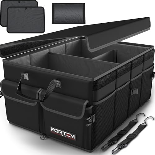 FORTEM Kofferraum Organizer Auto -Zusammenklappbarer Auto Organizer Kofferraum Mit Fächern- Kofferraumtasche Klett mit Rutschfestem Boden -Verstellbare Sicherungsriemen- Klappbarer Deckel (65L)
