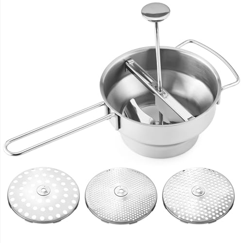 Navaris Passiergerät aus Edelstahl mit 3x Siebeinsatz - Passiermühle für Suppe Marmelade Baby Brei Saucen - 3 Stück Sieb Einsätze - Mühle Presse aus langlebigem Edelstahldesign